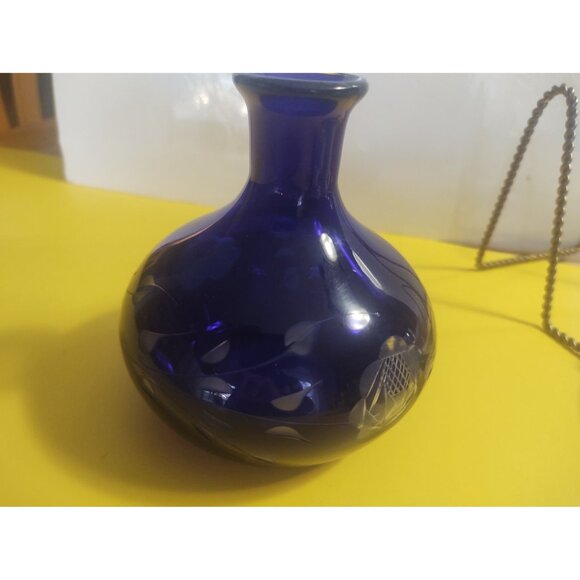 Vintage Bohemian Czech Cobalt Blue Cut to Clear Glass Vase 4.75" - Picture 4 of 13